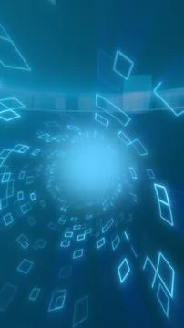 Glowing blue geometric rectangles spiral toward a bright center, forming a .. 스톡 일러스트