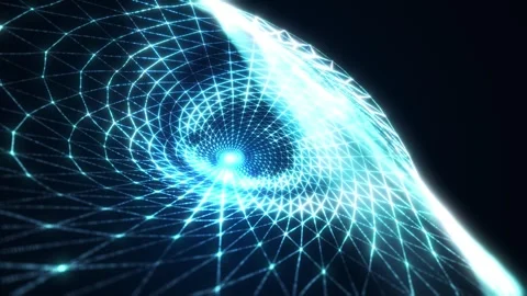 Glowing blue geometric vortex grid spiraling into bright center, forming a fu Stockbeeldmateriaal 330593416