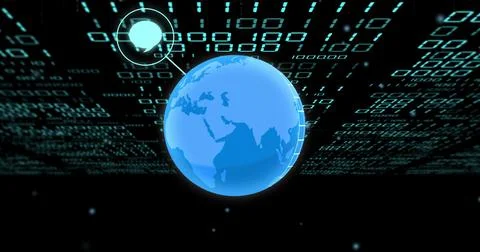 Glowing blue globe hovering in virtual cyberspace, connecting with binary Foto stock