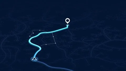 Glowing blue GPS navigation route with location pin on dark city map Stock Illustration