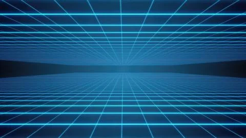 Glowing blue grid creating perspective on dark background Stock Photos