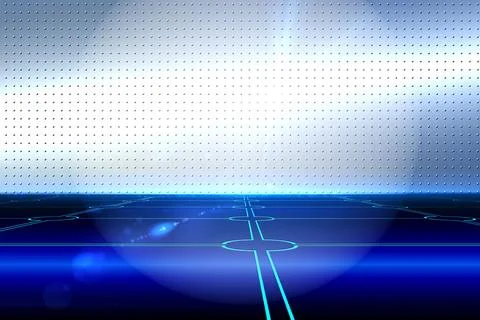 Glowing blue grid floor is being shown in 3D render, perforated metal wall, 库存插图