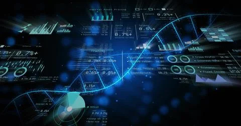 Glowing blue helix entering from left and driving analytics charts updating and Illustrazione stock