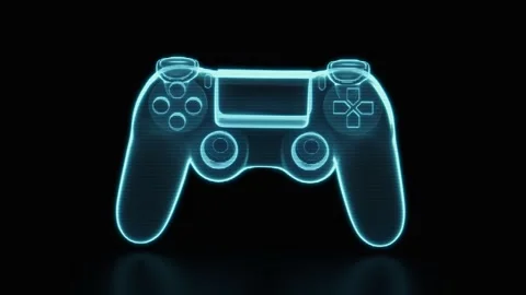 Glowing blue holographic game controller rotating on dark background for vi.. Stock Footage 327249643