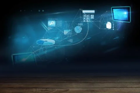 Glowing blue holographic network is hovering over wooden stage, showing data Stock Illustration