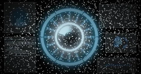 Glowing blue HUD dominating console, showing sphere, rings, radial markers, c Stock-Illustration