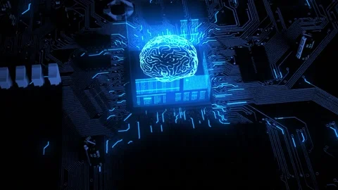 Glowing blue human brain circuit on microchip on computer motherboard Stock Footage 160539698