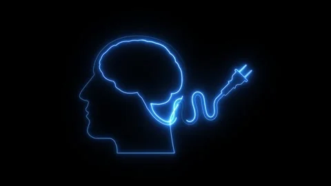 Glowing blue human head brain icon with electric power plug Stock Footage 347777112
