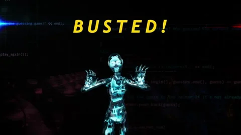Glowing blue humanoid robot animation with hands up and BUSTED! text. Cybers Stock-Footage 333864862
