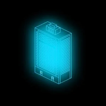 Glowing blue isometric building on black background representing smart buil.. Ilustración de archivo