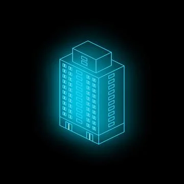 Glowing blue isometric building on black background representing smart buil.. Ilustración de archivo
