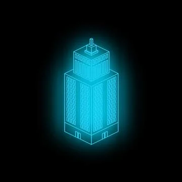 Glowing blue isometric skyscraper rising on dark background Stock Illustration