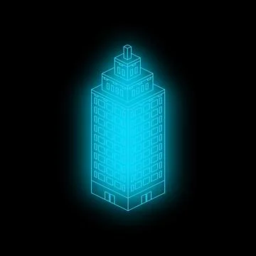 Glowing blue isometric skyscraper standing out in the dark Stock Illustration
