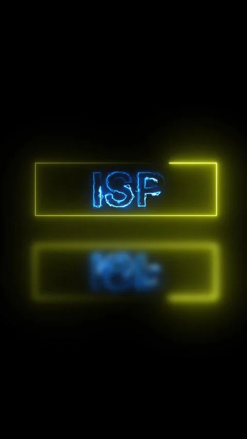 Glowing Blue ISP Text Inside Yellow Neon Rectangle with Reflection on Black.. Video stock 337460896