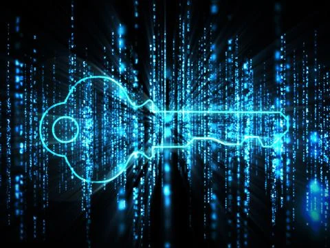 Glowing blue key on black background 스톡 일러스트