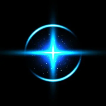 Glowing blue lens flare with a circular neon ring and sparkling starburst e.. Stock Illustration