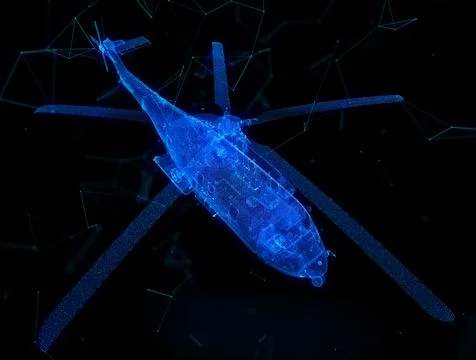 Glowing blue light 3d model Military helicopter with lines, dots and particles イラスト素材