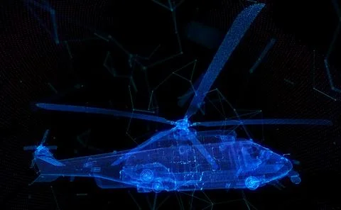 Glowing blue light 3d model Military helicopter with lines, dots and particles Stock Illustration