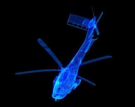 Glowing blue light 3d model helicopter with lines, dots and particles Stock Illustration