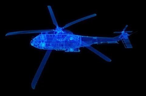 Glowing blue light 3d model helicopter with lines, dots and particles Stock Illustration