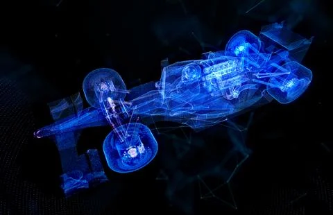 Glowing blue light 3d model car with lines, dots and particles Illustrazione stock