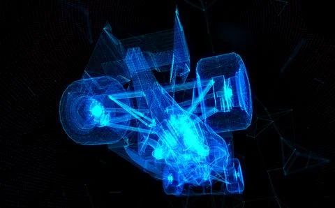 Glowing blue light 3d model car with lines, dots and particles Illustrazione stock