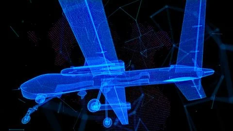 Glowing blue light 3d model Fighter Military drone with lines, dots and 스톡 일러스트