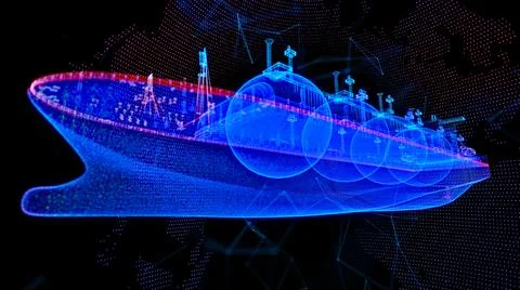 Glowing blue light 3d model Gas carrier LNG with lines, dots and particles Stock-Illustration