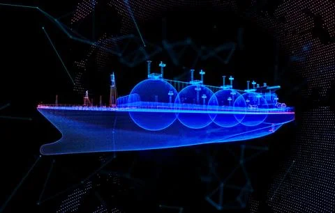 Glowing blue light 3d model Gas carrier LNG with lines, dots and particles Stock Illustration