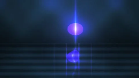 Glowing blue light beam shining down on dark background with reflection. Stock Footage 337506229