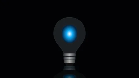 Glowing blue light bulb animation on black background Vídeo Stock 345285680