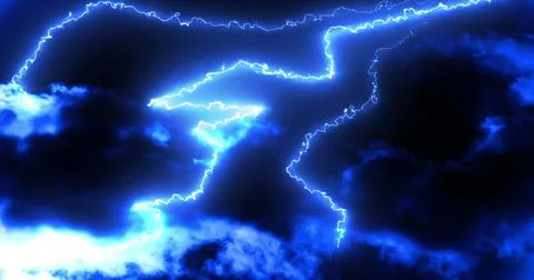 Glowing blue lightning bolts of electrical current moving wildly on dark sky Stock Illustration