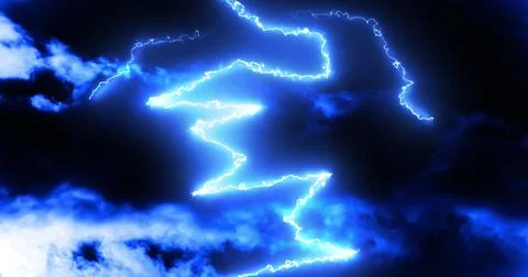 Glowing blue lightning bolts of electrical current moving wildly on dark sky Stock Illustration