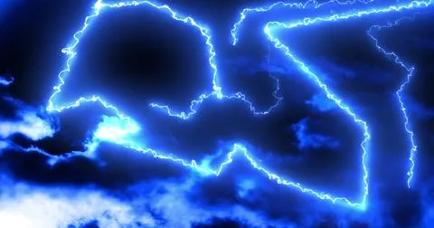 Glowing blue lightning bolts of electrical current moving wildly on dark sky Stock Illustration