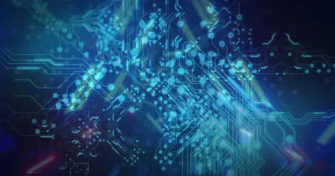 Glowing blue lines and dots in abstract digital circuit animation pattern Stock Footage 303675808