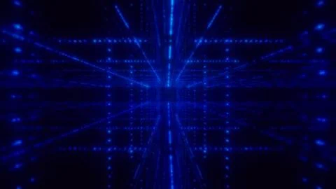 Glowing blue lines and dots form an intricate digital grid Stock Illustration