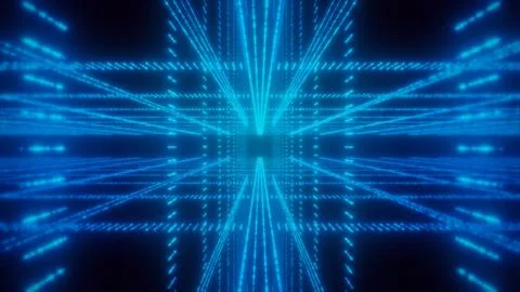 Glowing blue lines form an infinite grid, suggesting data connections Stock Illustration