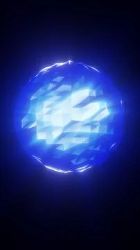 Glowing blue low poly sphere with angular crystal facets on a dark backgrou.. Ilustración de archivo