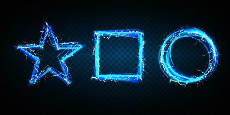 Glowing blue magic light frames, lightning bolts. borders, corners and dividers Illustrazione stock