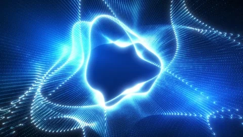 Glowing blue mesh waves form a dynamic abstract shape around a central void, Video stock 332801864