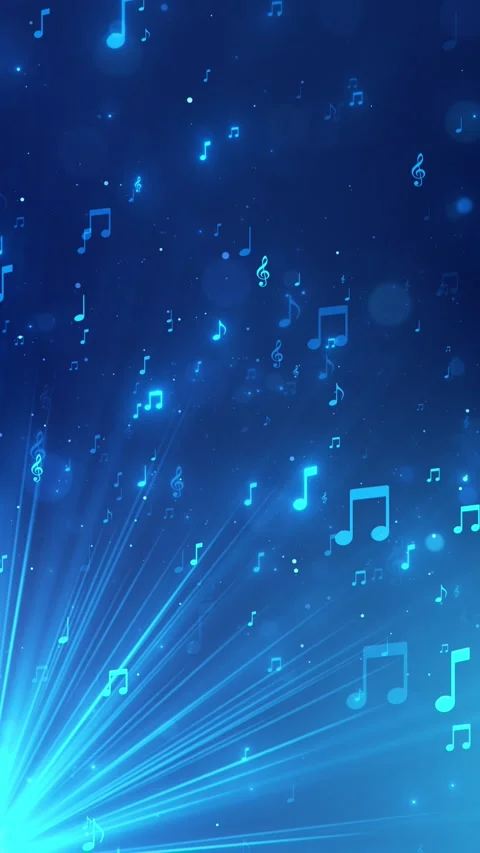 Glowing blue musical lights floating notes, treble icons, soft particles, and ra Stock Footage 340477576