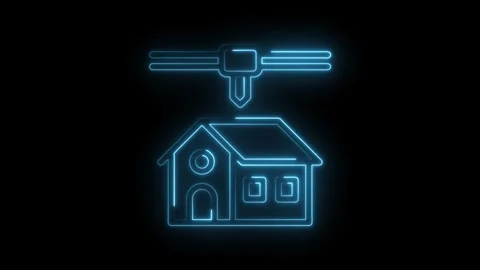 Glowing blue neon 3 D printer icon creating a house symbol on a black backg.. Video stock 314559187