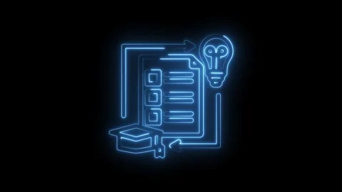 Glowing blue neon abstract checklist lightbulb graduation cap and arrows forming Stock Footage 333957111