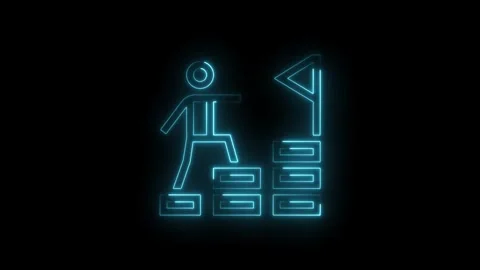 Glowing blue neon abstract human figure climbing steps towards a triangular.. Stock Footage 314551138