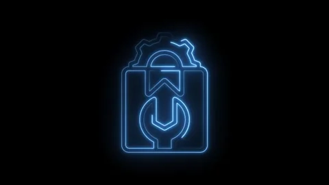 Glowing blue neon abstract icon representing service repair and maintenance with Stock Footage 333963584