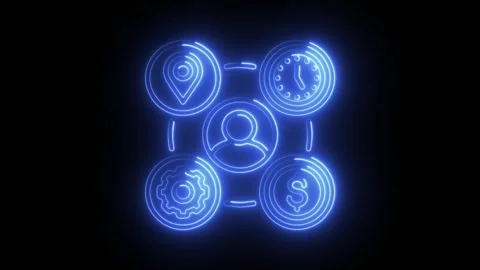 Glowing blue neon abstract network of icons representing user location time.. 動画素材 314711569