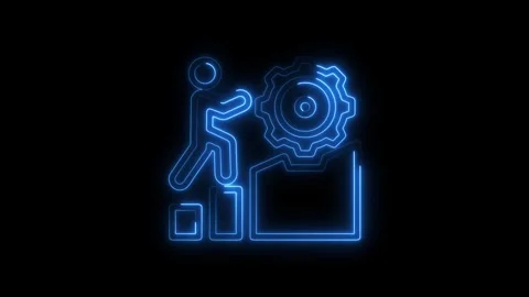 Glowing blue neon abstract progress icon with person pushing gear symbol on.. Stock Footage 314700800