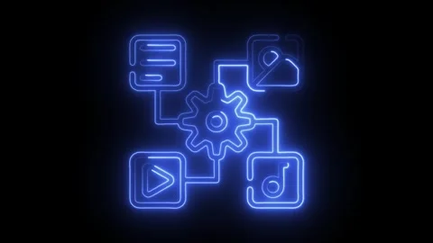 Glowing blue neon abstract workflow process diagram with gear symbol connec.. Stock Footage 314714231