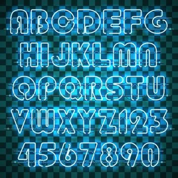 Glowing blue neon alphabet. Stock Illustration