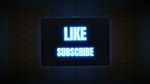 Glowing Blue Neon Like and Subscribe Sign Floating Against a Dark Brick Wall Stock Footage 344774047